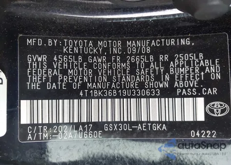 2009 Toyota Avalon Xls from USA, damaged, VIN 4T1BK36B19U330633